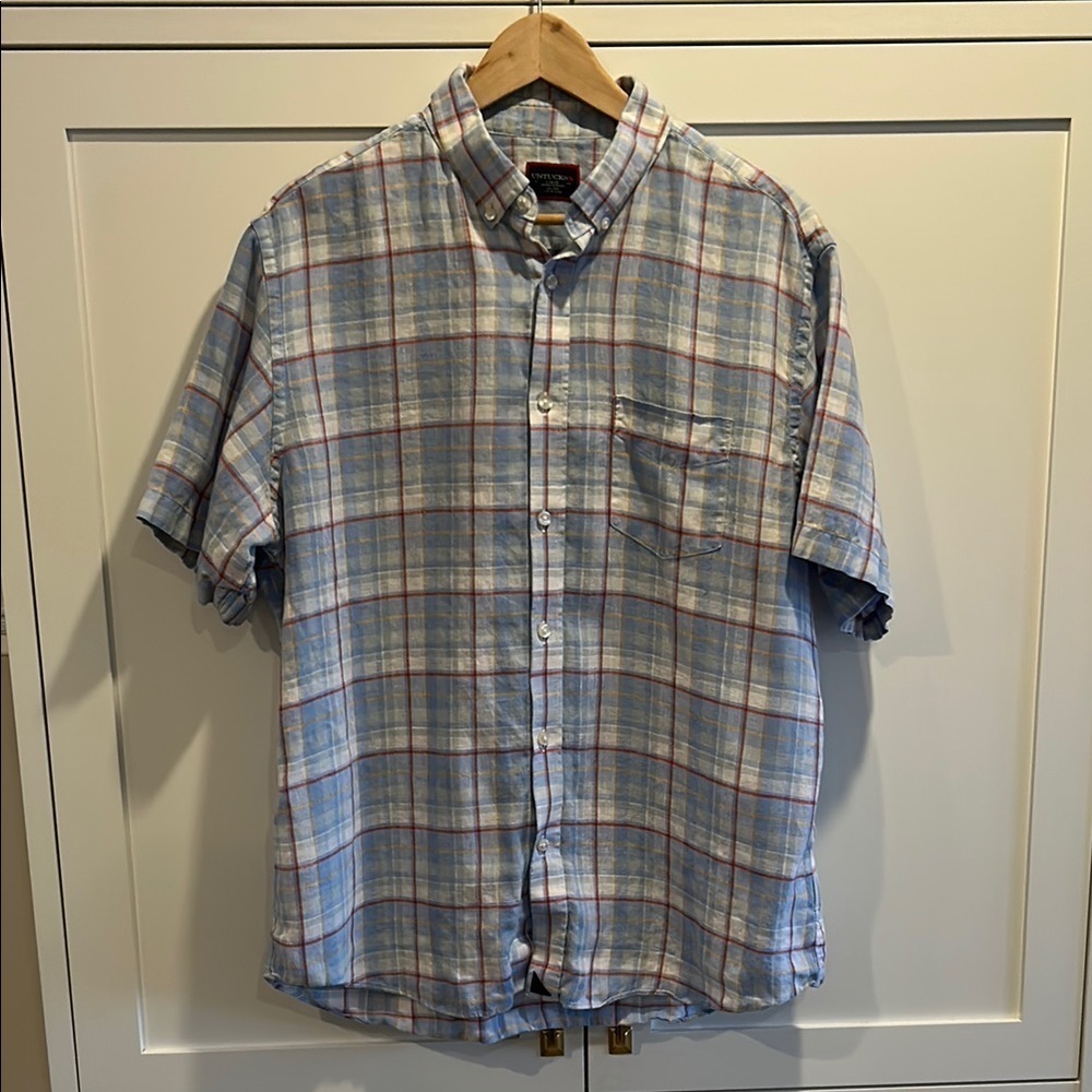 Untuckit Linen Short Sleeves Plaid Blue Regular Fit Shirt Size Large